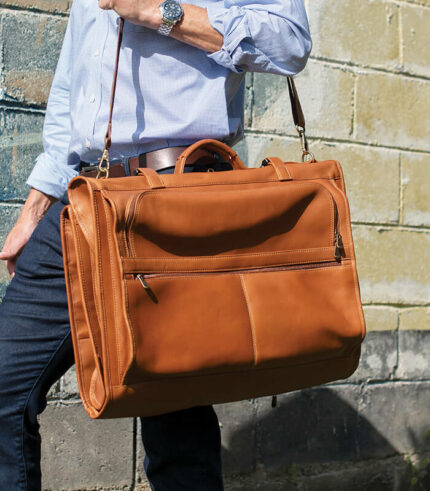 Trifold leather hanging garment bag