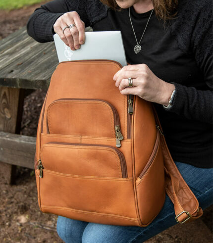 Julia ladies leather backpack holding a 14in laptop